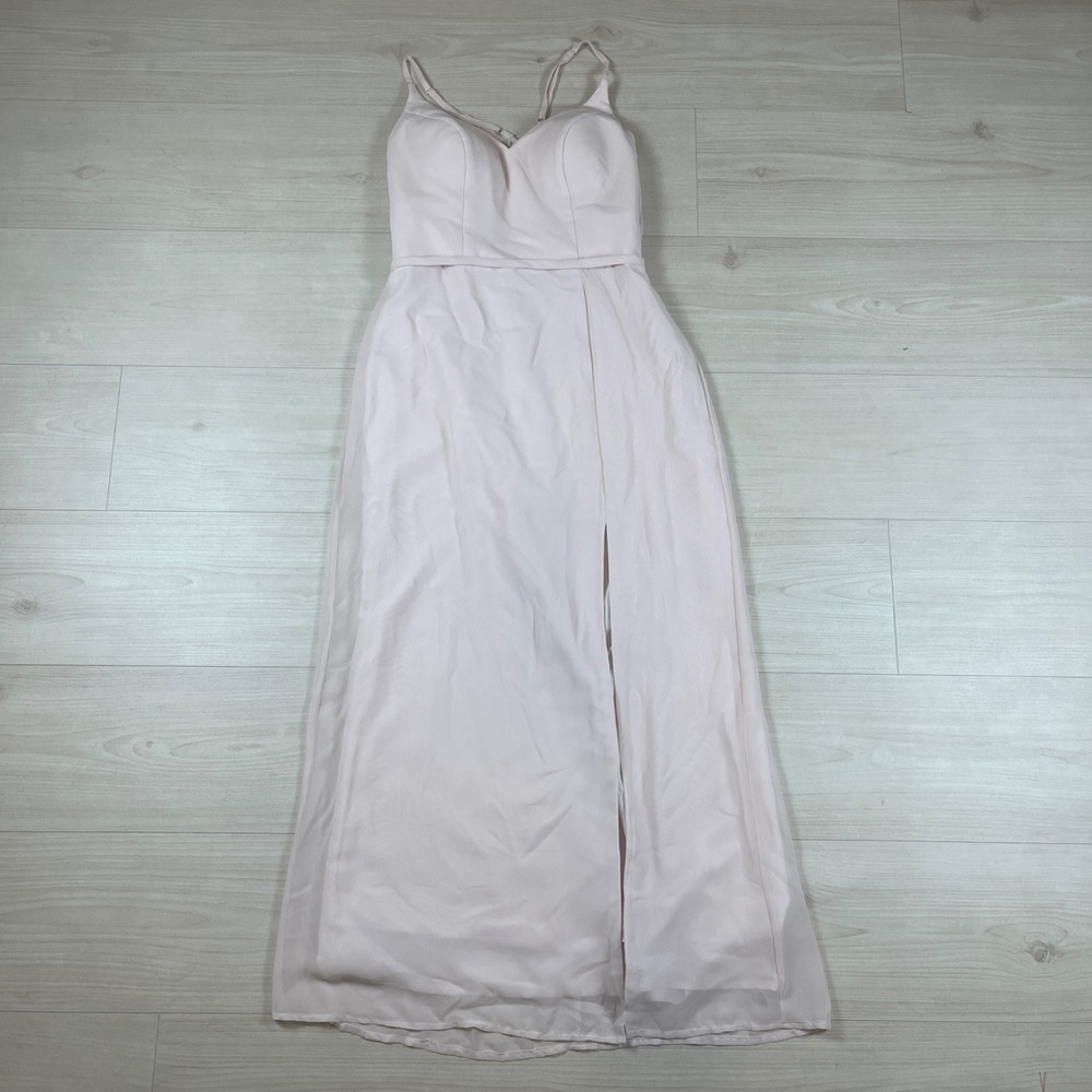 Azazie Blush Pink Chiffon Maxi Dress Strappy Back High Slit Formal Gown A4